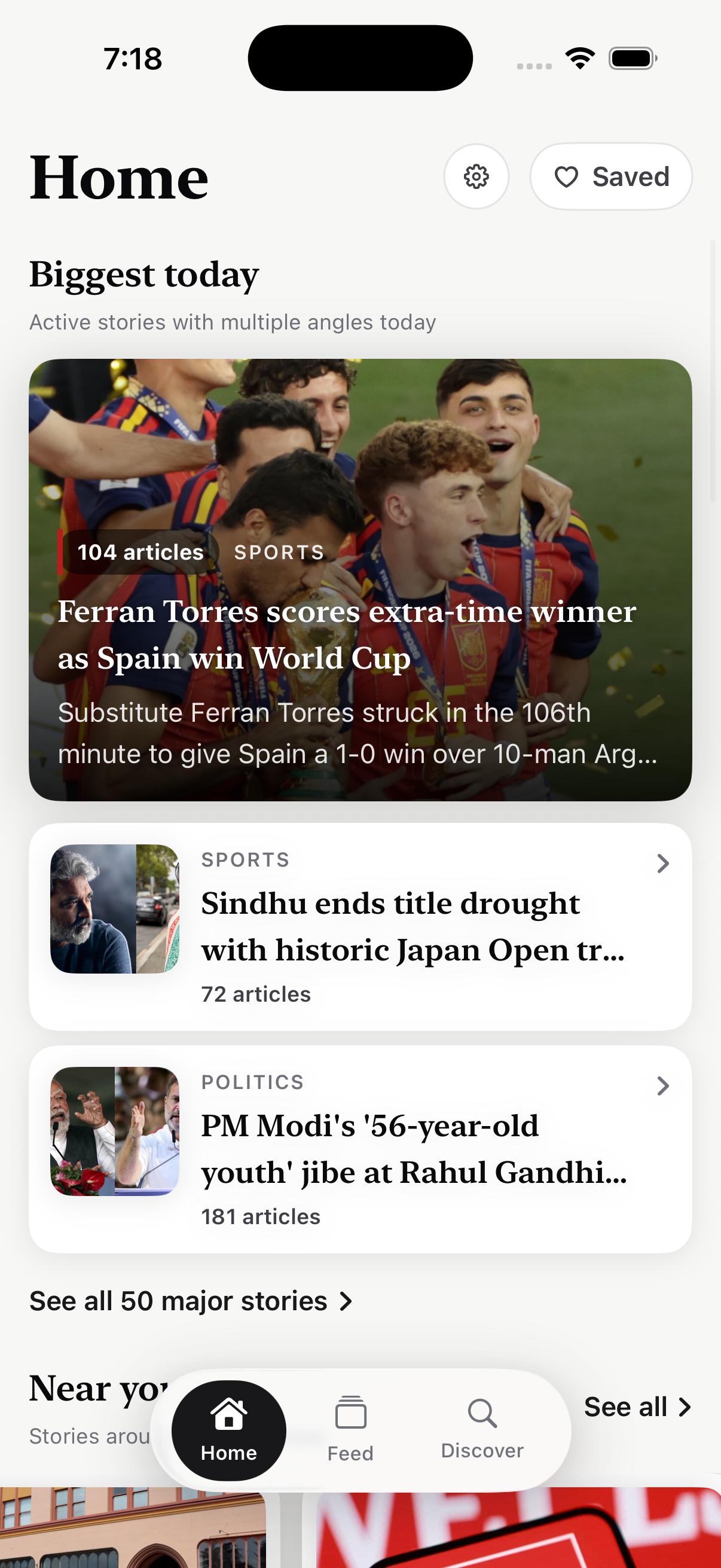 Verso home screen with Biggest today and local news rails